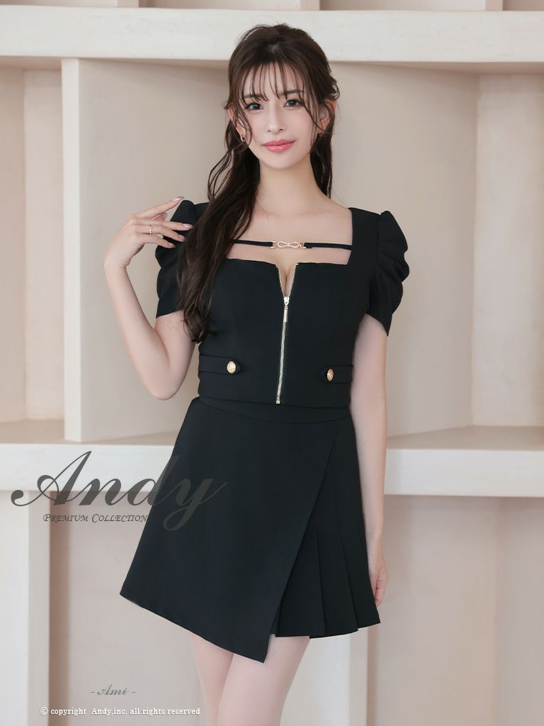 キャバドレス Andy アンディ 半袖パフスリーブセットアップウエストカットワンカラープリーツジップデザインジップフレアミニドレス