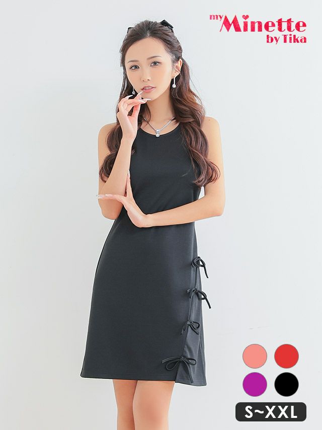 キャバドレス myMinette マイミネット ノースリーブ リボンライン シンプル ワンカラー タイト ミニドレス