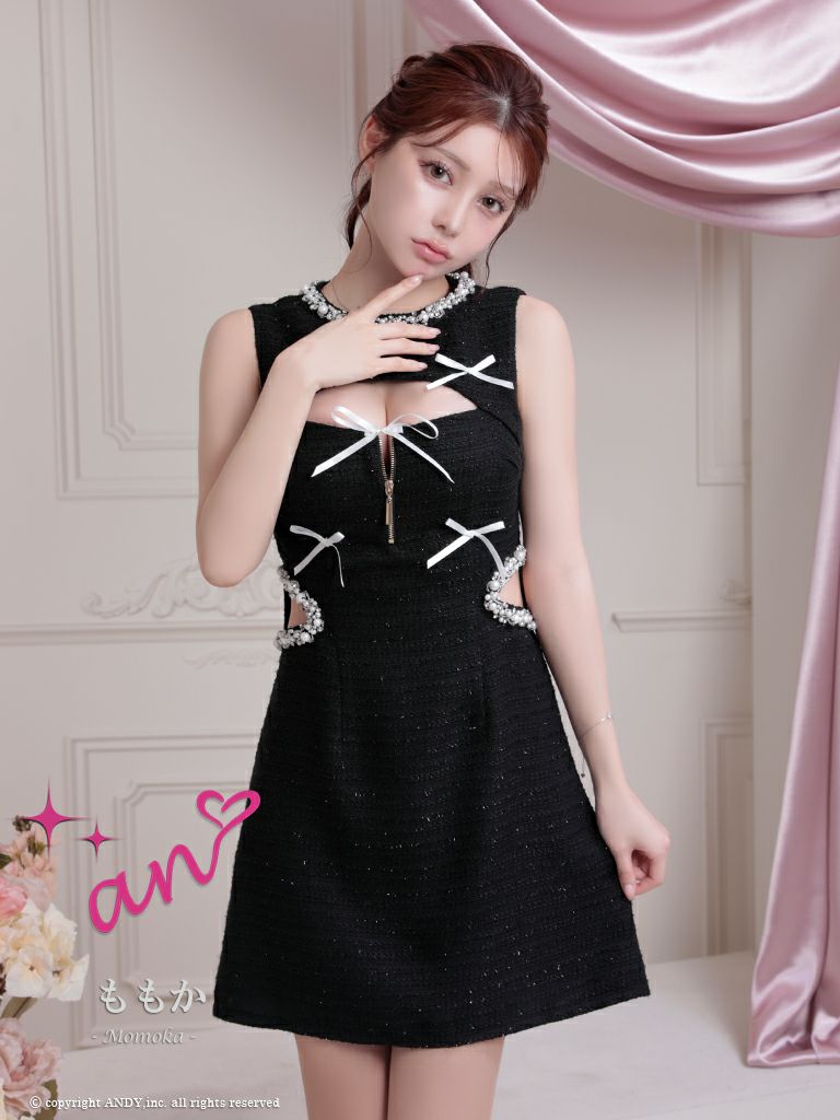 キャバドレス an アン ノースリーブバストカットジップジップデザインリボンパールくびれ透けフレアミニドレス