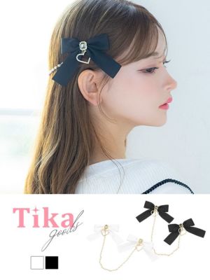 サテンリボン ビジューチャーム パールチェーン ツイン バレッタ ヘアアクセサリー