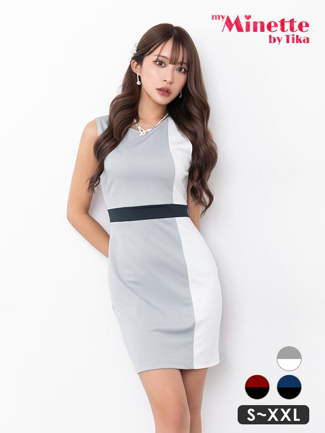キャバドレス myMinette マイミネット シンプル バイカラー ノースリーブ ウエストマーク タイト ミニドレス