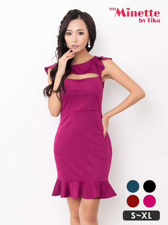 キャバドレス myMinette マイミネット ワンカラー ノースリーブ バストカット 裾フリルデザイン切替 タイト ミニドレス