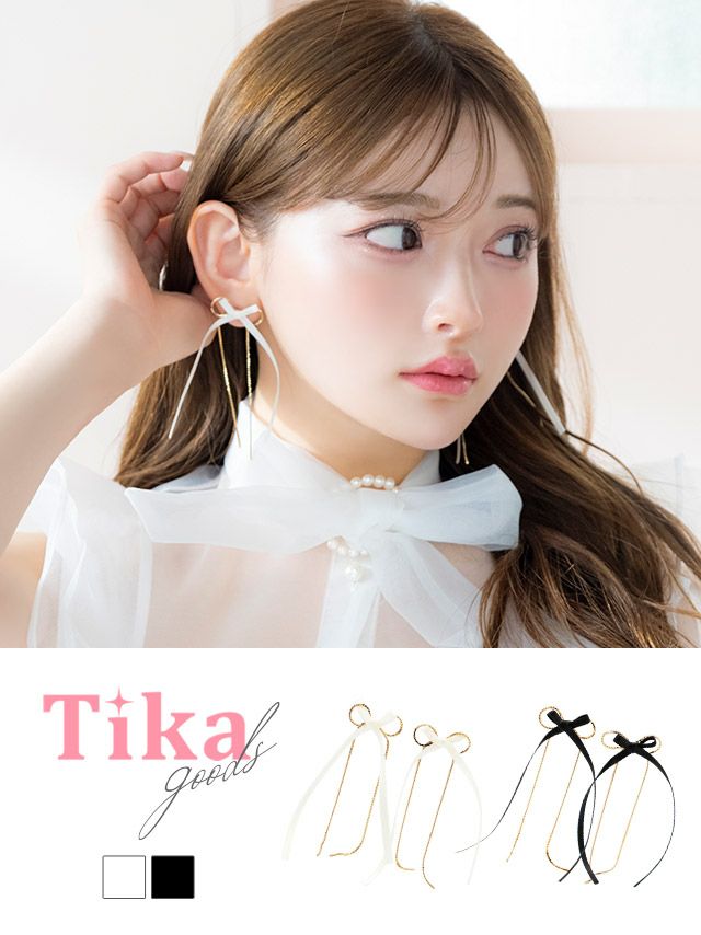 アクセサリー ピアス リボン アクセ 耳飾り ロング ゴールド