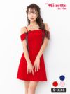 キャバドレス myMinette マイミネット リボン付き 肩あき オフショルダー ワッフル フレア ミニドレス