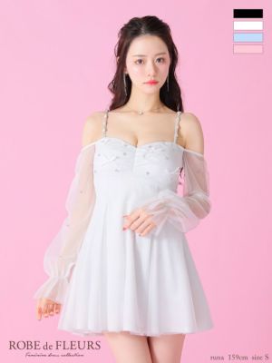 [ROBEdeFLEURS/ローブドフルール] 高級ビジューリボン付き肩あき長袖 袖ありシアースリーブフレアミニドレス