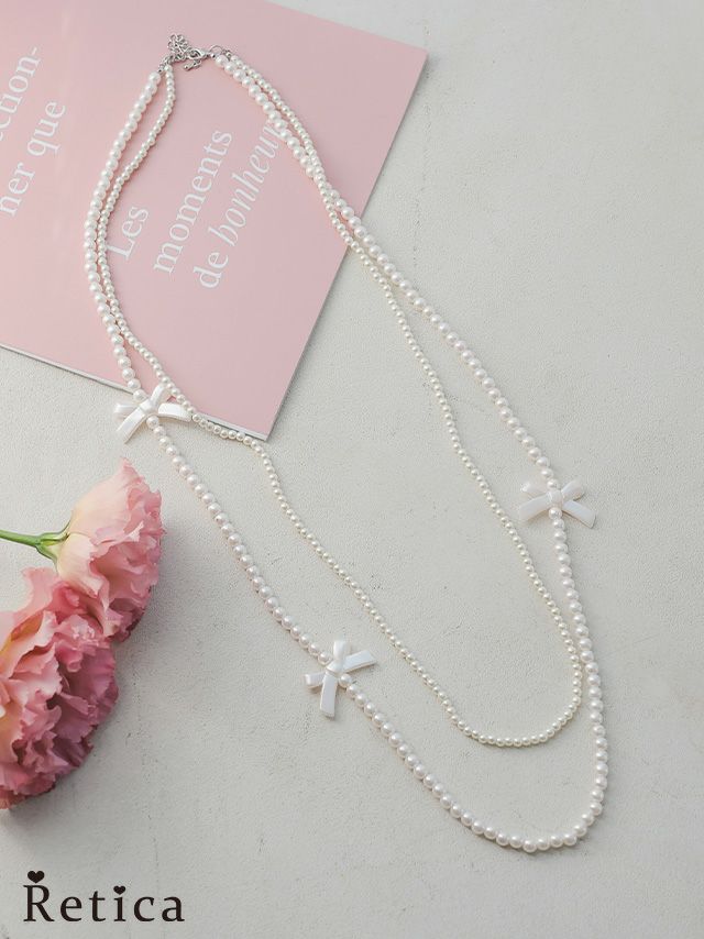 ネックレス パール ロング ロングネックレス リボン 2連 ホワイトパール アクセサリー