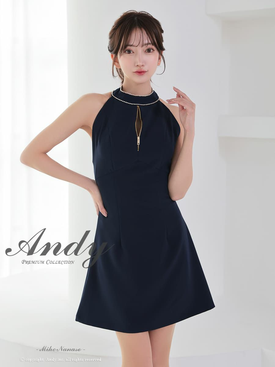 キャバドレス Andy アンディ 高級 ホルターネック ジップデザイン ビジュー バックカット リボン フレア ミニドレス
