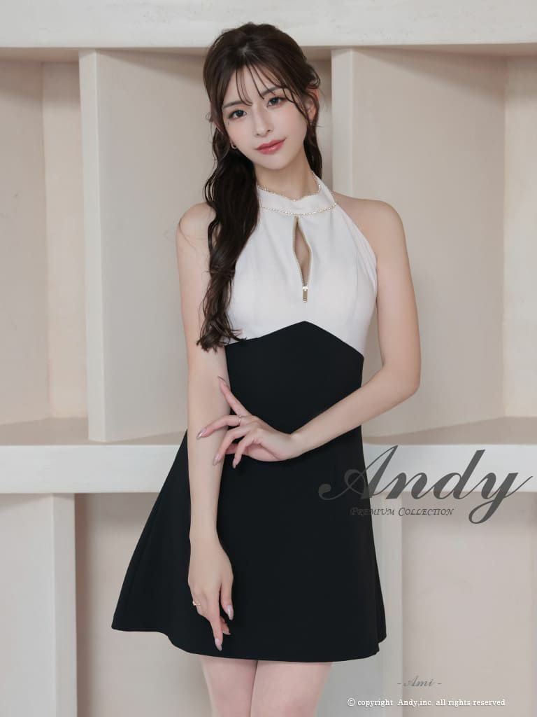キャバドレス Andy アンディ 高級 ホルターネック ジップデザイン ビジュー バックカット リボン フレア ミニドレス