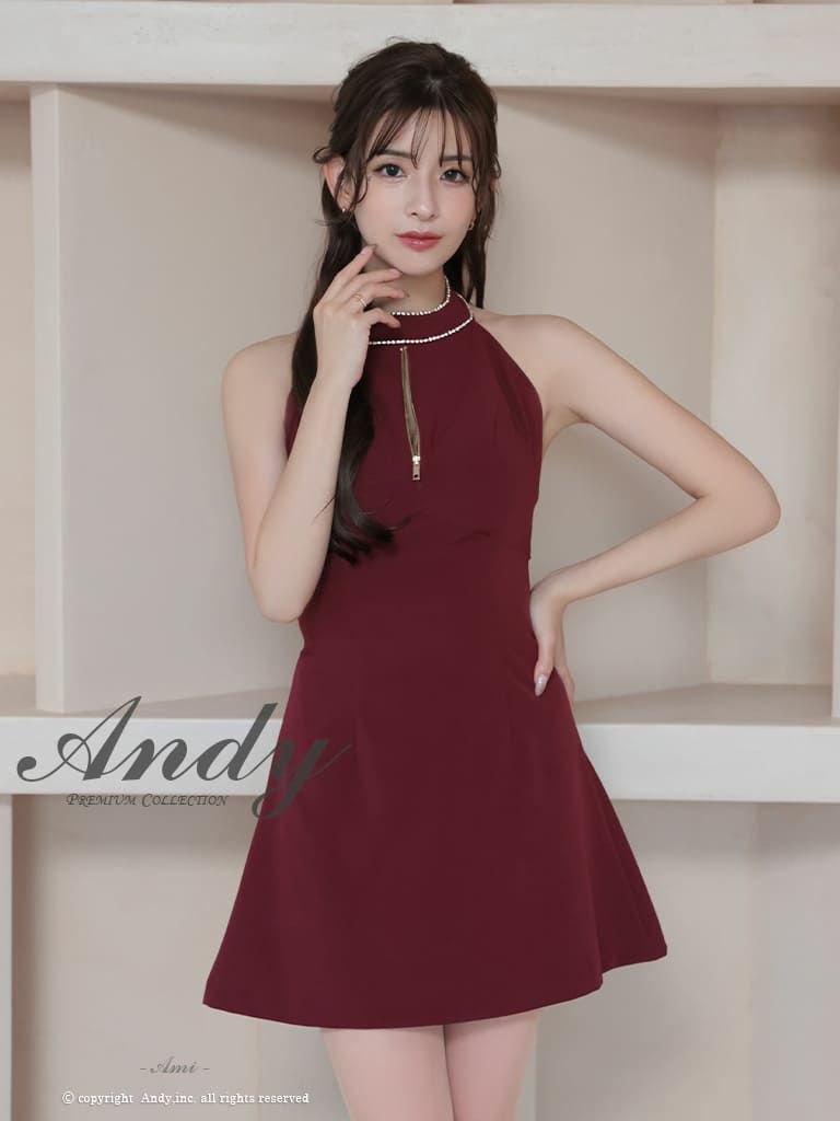キャバドレス Andy アンディ 高級 ホルターネック ジップデザイン ビジュー バックカット リボン フレア ミニドレス