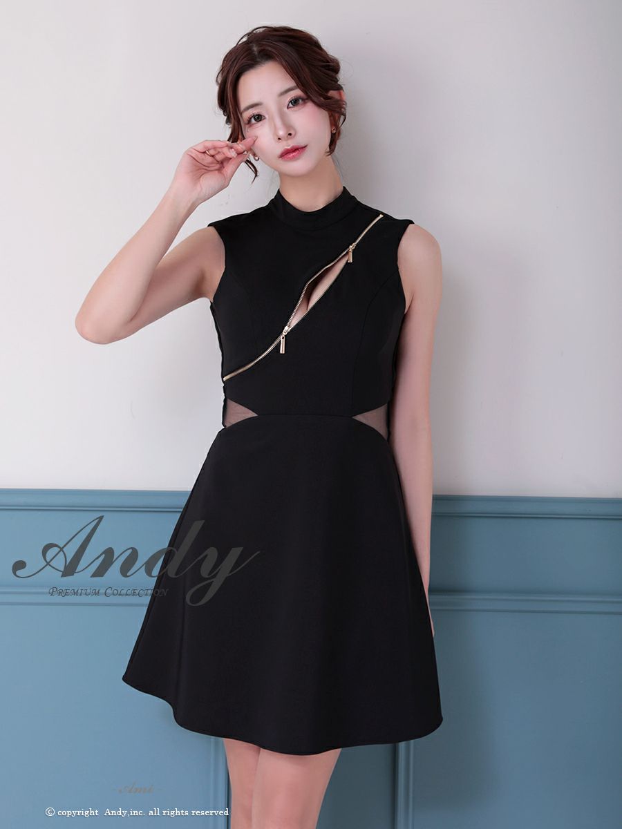 キャバドレス Andy アンディ 高級　ノースリーブ　ジップデザイン　シアー　くびれ　バックカット　リボン　フレア　ミニドレス