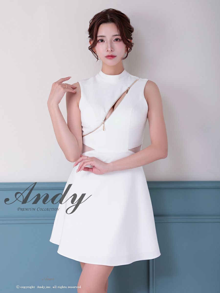 キャバドレス Andy アンディ 高級 ノースリーブ ジップデザイン シアー くびれ バックカット リボン フレア ミニドレス