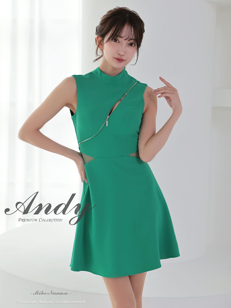 キャバドレス Andy アンディ 高級 ノースリーブ ジップデザイン シアー くびれ バックカット リボン フレア ミニドレス