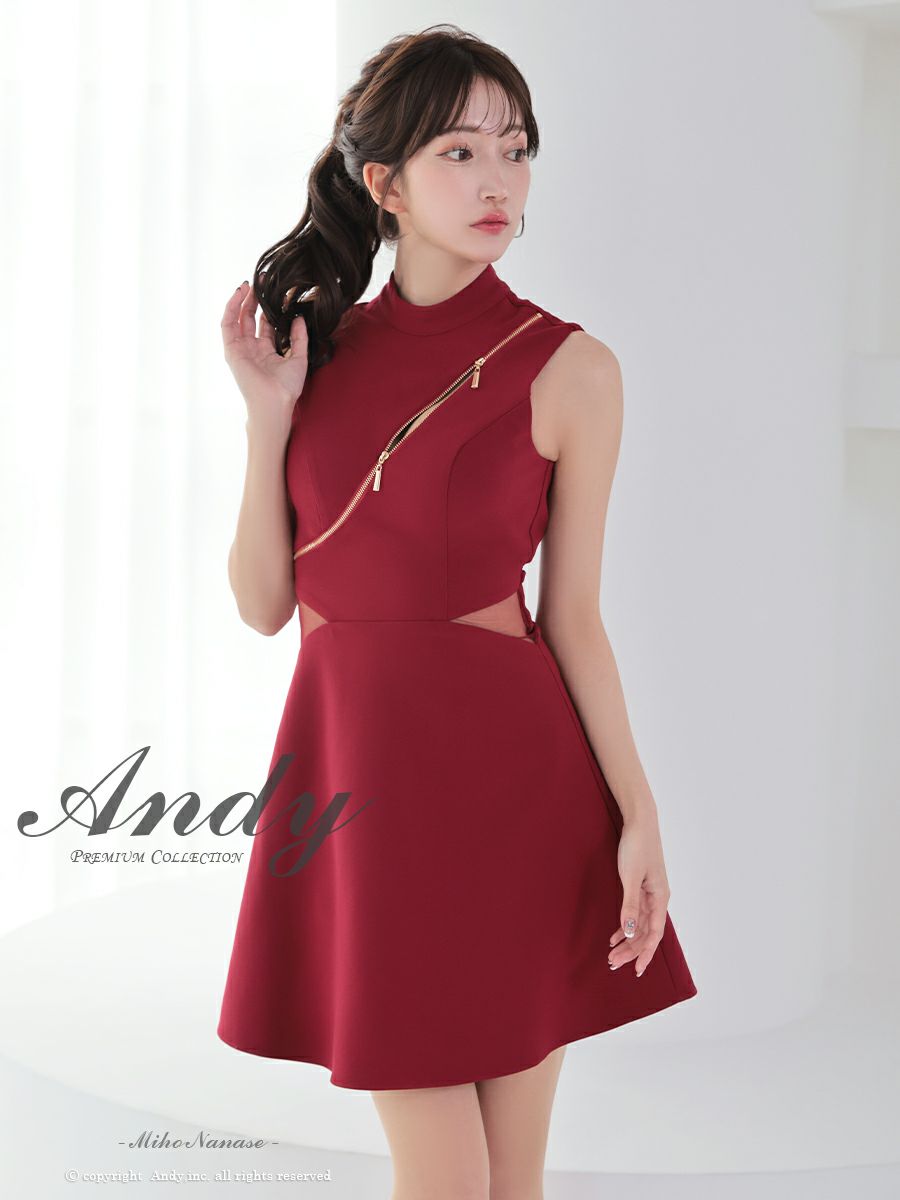 キャバドレス Andy アンディ 高級 ノースリーブ ジップデザイン シアー くびれ バックカット リボン フレア ミニドレス