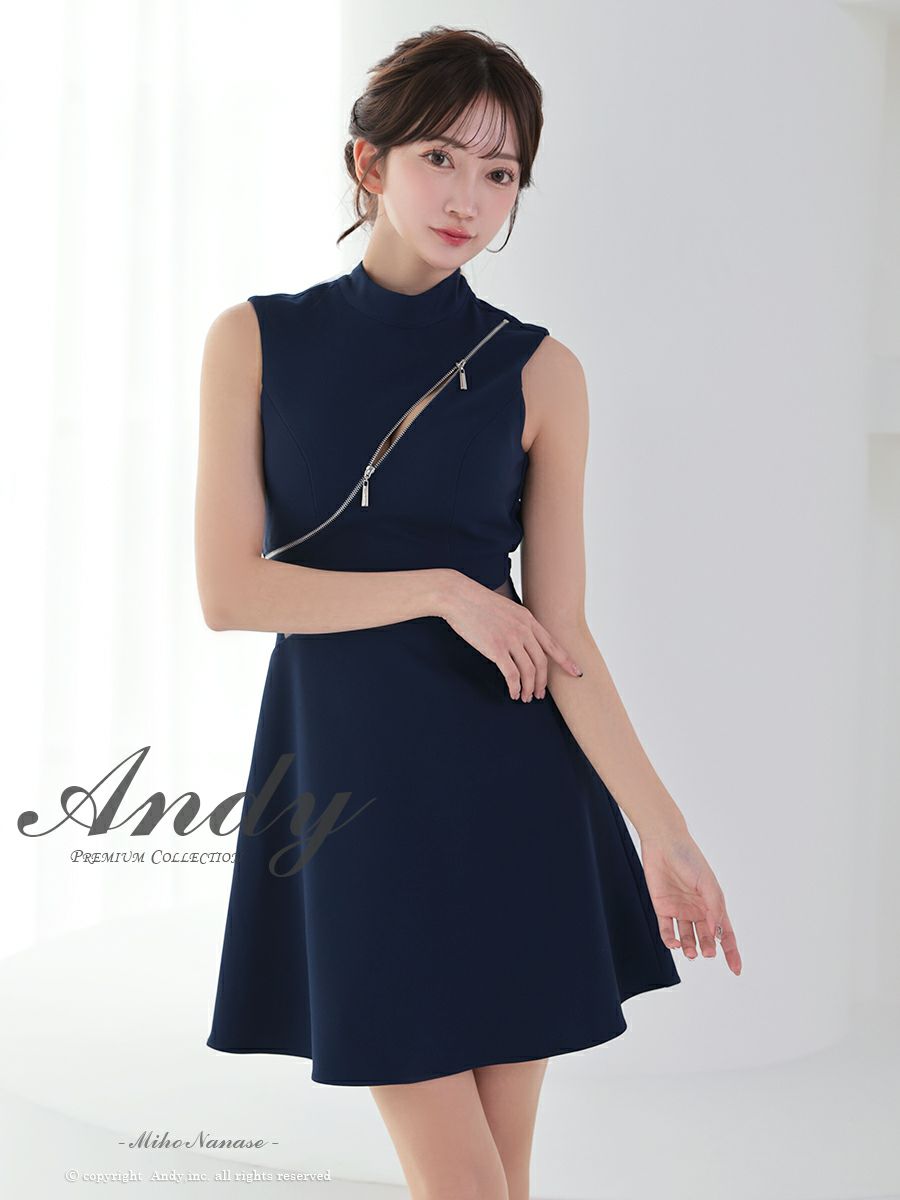 キャバドレス Andy アンディ 高級 ノースリーブ ジップデザイン シアー くびれ バックカット リボン フレア ミニドレス