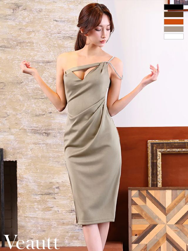 キャバドレス 膝丈ドレス Veautt/ヴュート 高級 バストカット ビジュー ワンショルダー 谷間魅せ ファスナースリット タイト 膝丈ドレス