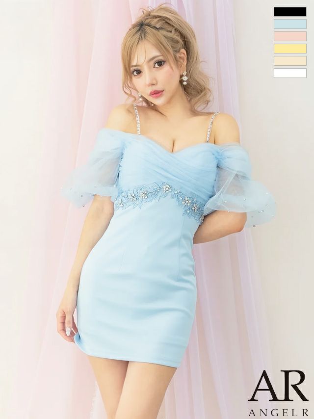 キャバドレス ミニドレス Angel-R エンジェルアール 高級 シフォン 肩あき フラワー刺繍 ビジュー タイトミニドレス