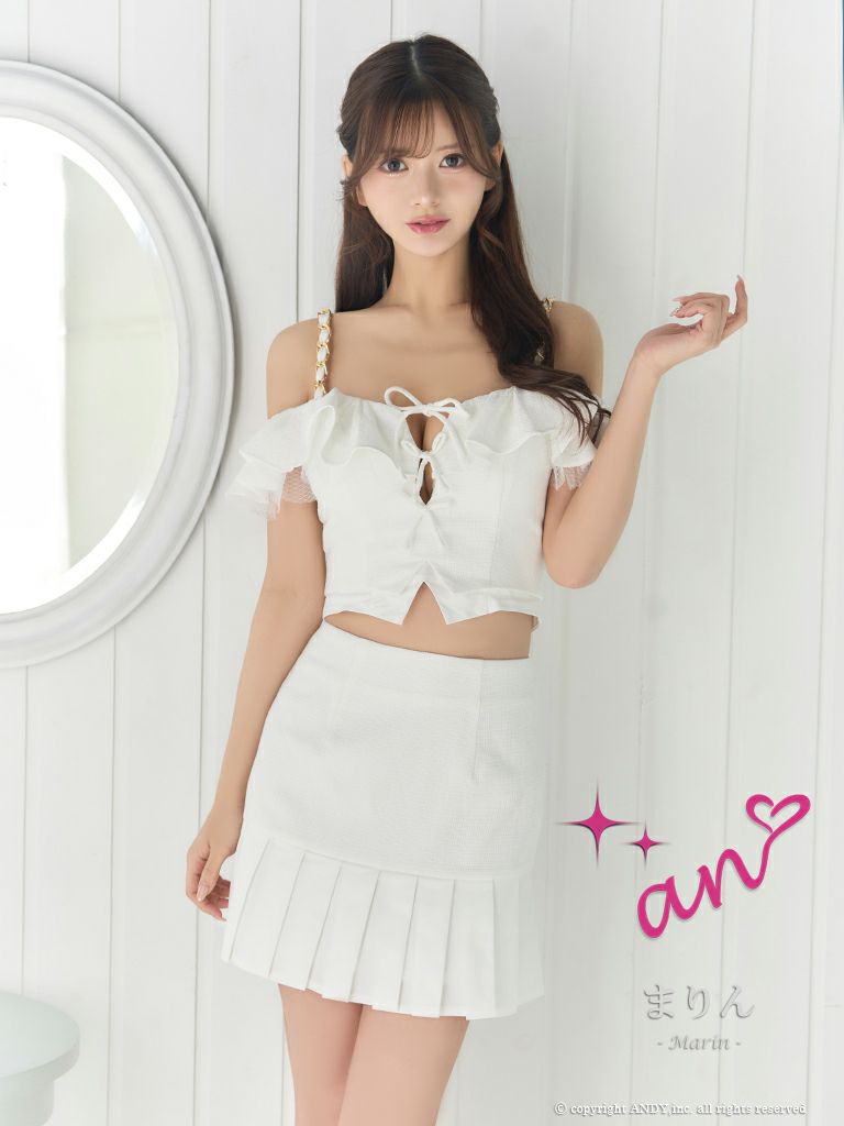 キャバドレス an アン 高級 オフショルダー バストカット フリル チュール リボン プリーツ セットアップ フレア ミニドレス