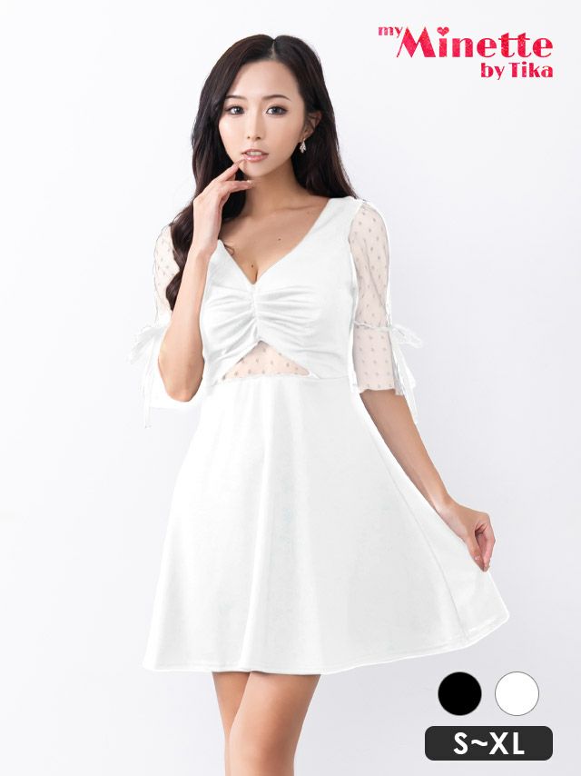 キャバドレス myMinette マイミネット ワンカラー ドット柄 袖あり シースルー ウエストカット フレア ミニドレス