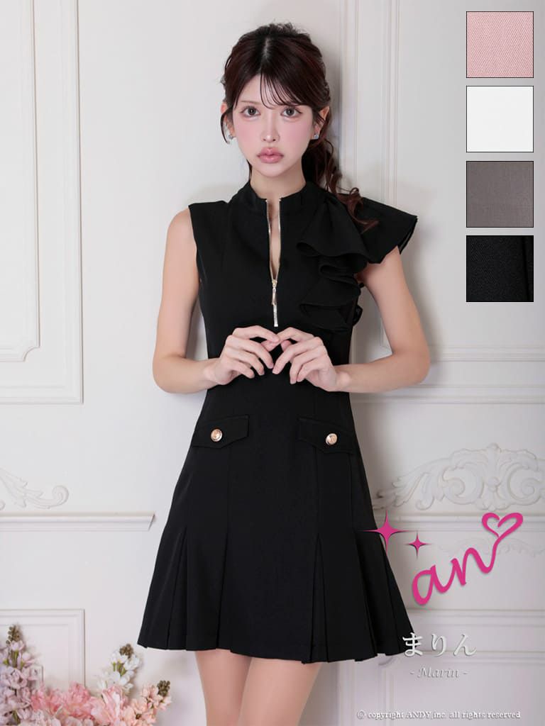 キャバドレス an アン 高級 ノースリーブ アシンメトリー フリル ジップデザイン プリーツ フレア ミニドレス