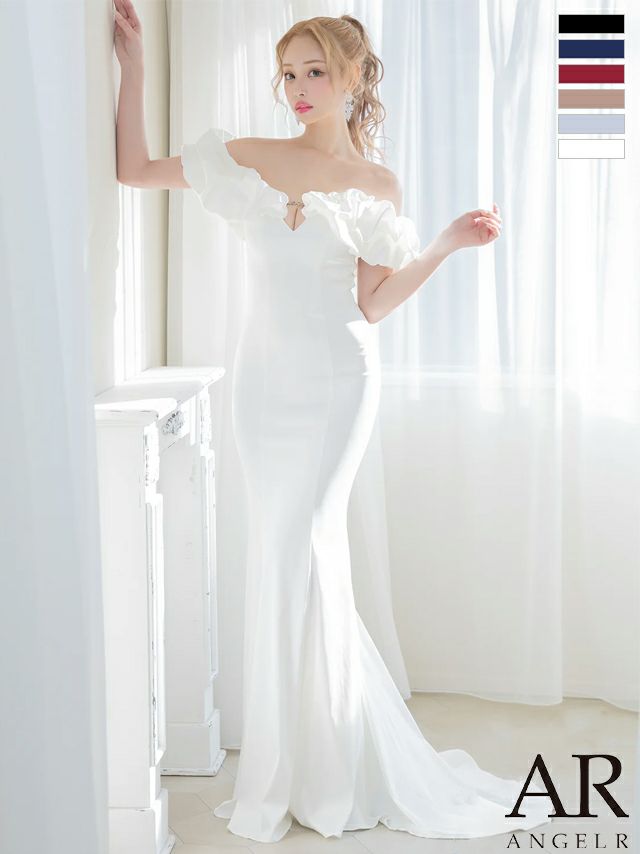 キャバドレス ロングドレス Angel-R エンジェルアール 高級 オフショルダー 胸元フリル チャーム バストカット 谷間魅せ マーメイドロングドレス