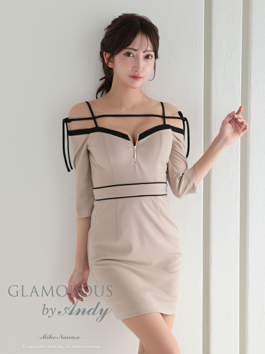 キャバドレス  AndyGLAMOROUS アンディグラマラス 高級 オフショルダー 七分袖 リボン ジップ タイト ミニドレス