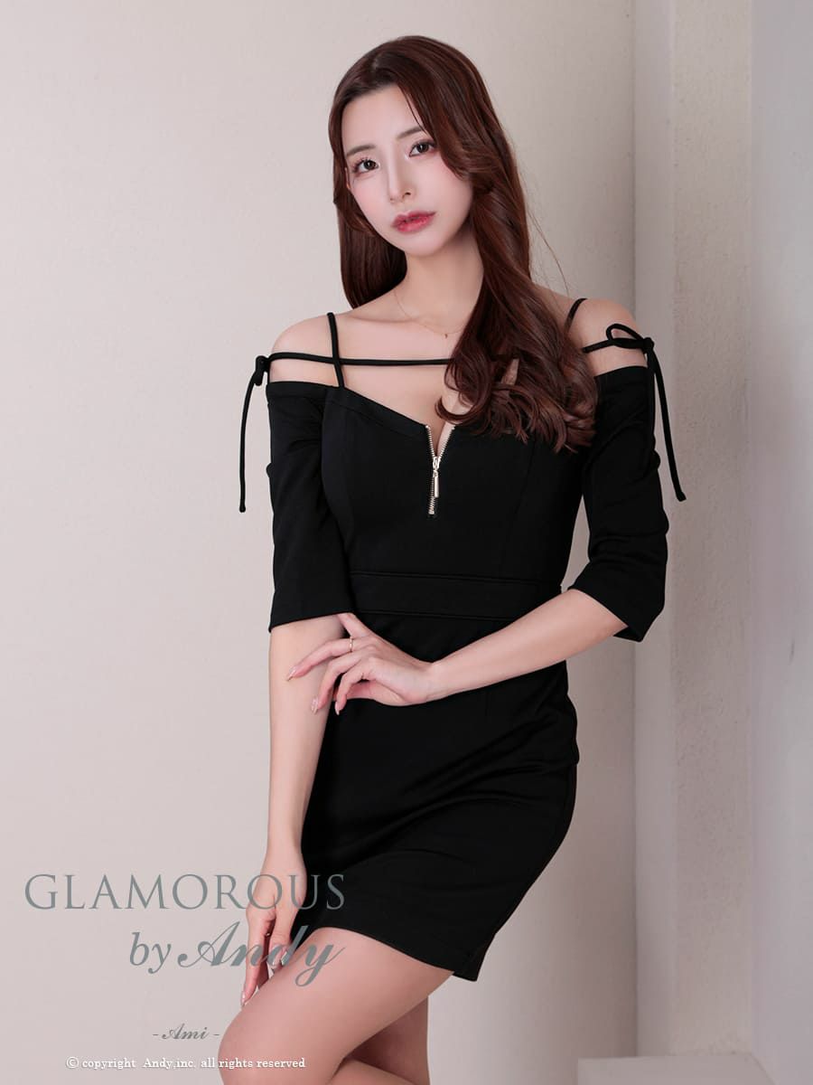 キャバドレス  AndyGLAMOROUS アンディグラマラス 高級 オフショルダー 七分袖 リボン ジップ タイト ミニドレス
