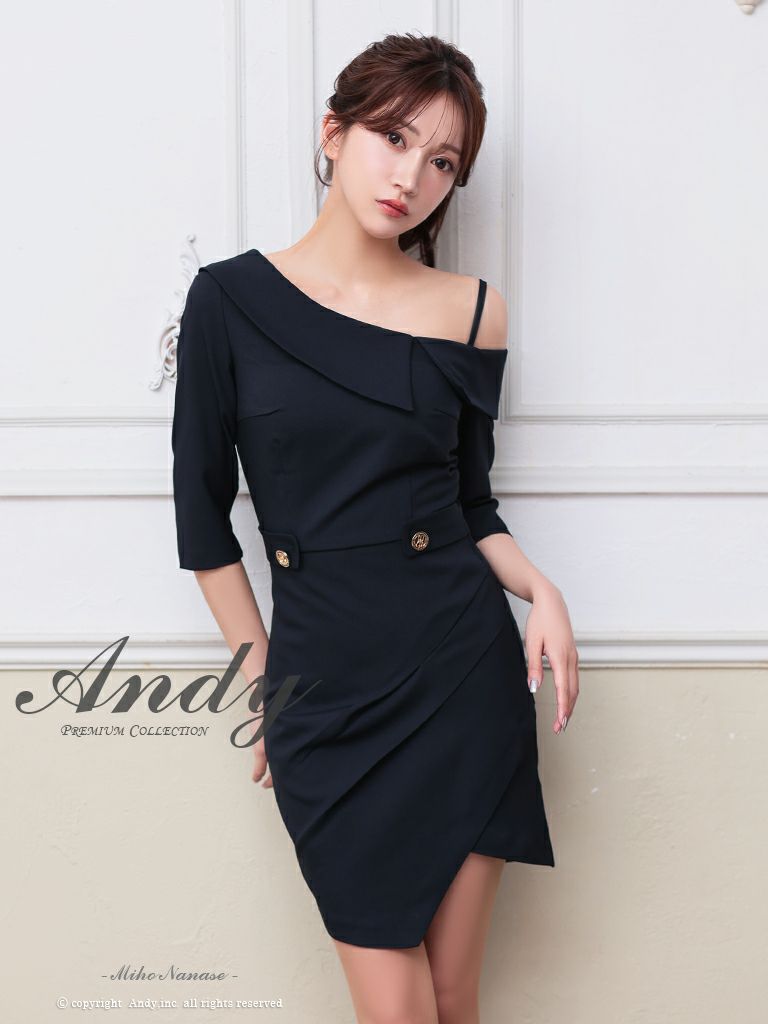 キャバドレス Andy アンディ 高級 ワンショルダー 袖あり 襟デザイン ゴールドボタン ワンカラー タイトミニ キャバドレス