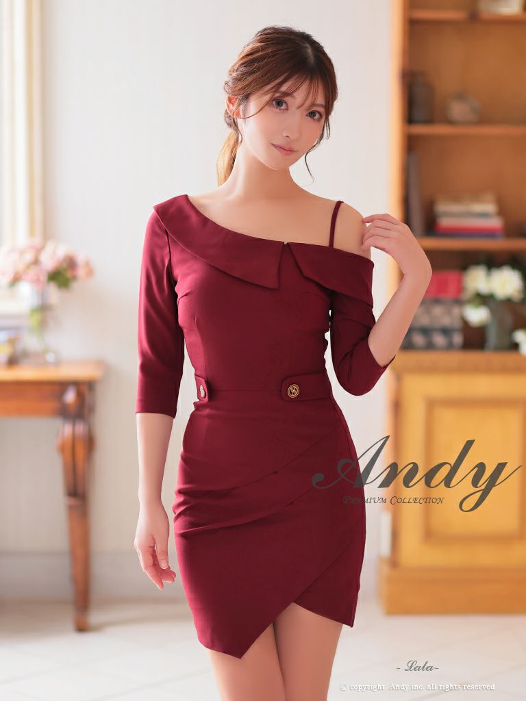 キャバドレス Andy アンディ 高級 ワンショルダー 袖あり 襟デザイン ゴールドボタン ワンカラー タイトミニ キャバドレス