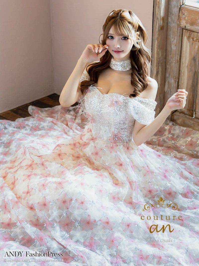 キャバドレス couture an クチュール アン 高級 オフショルダー 半袖 フラワー スパンコール ラメ バースデー 袖取り外し可能 Aライン キャバドレス