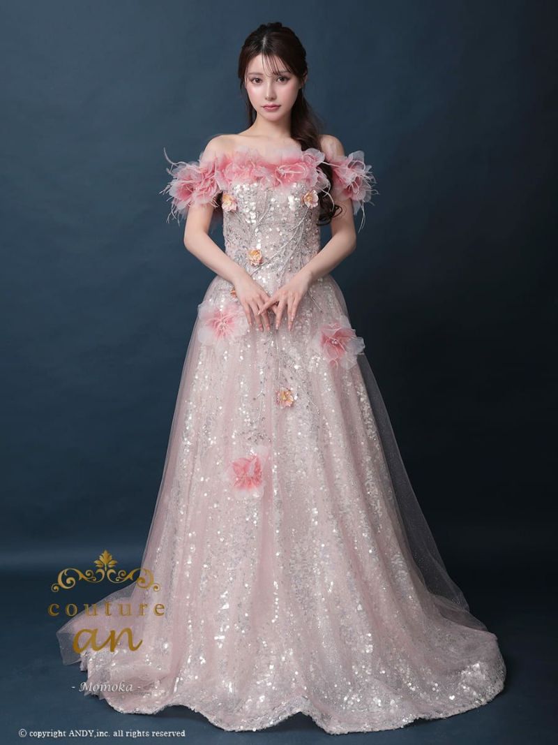 キャバドレス couture an クチュール アン 高級 オフショルダー 半袖 フラワー ビジュー ラメ スパンコール バースデー Aライン キャバドレス