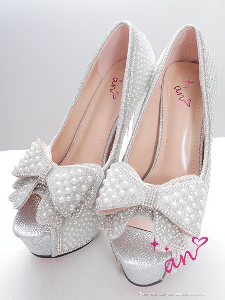  [an/アン] 高級ビッグリボンモチーフラメグリッターオープントゥパールハイヒール