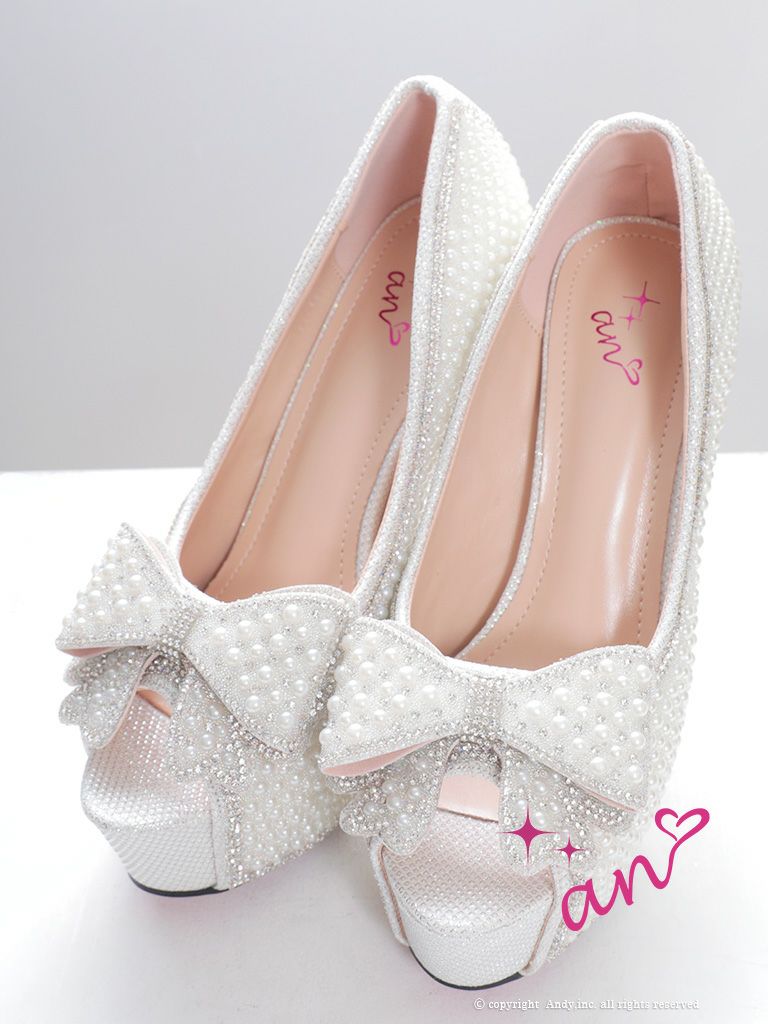  [an/アン] 高級ビッグリボンモチーフラメグリッターオープントゥパールハイヒール
