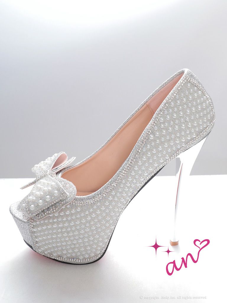  [an/アン] 高級ビッグリボンモチーフラメグリッターオープントゥパールハイヒール