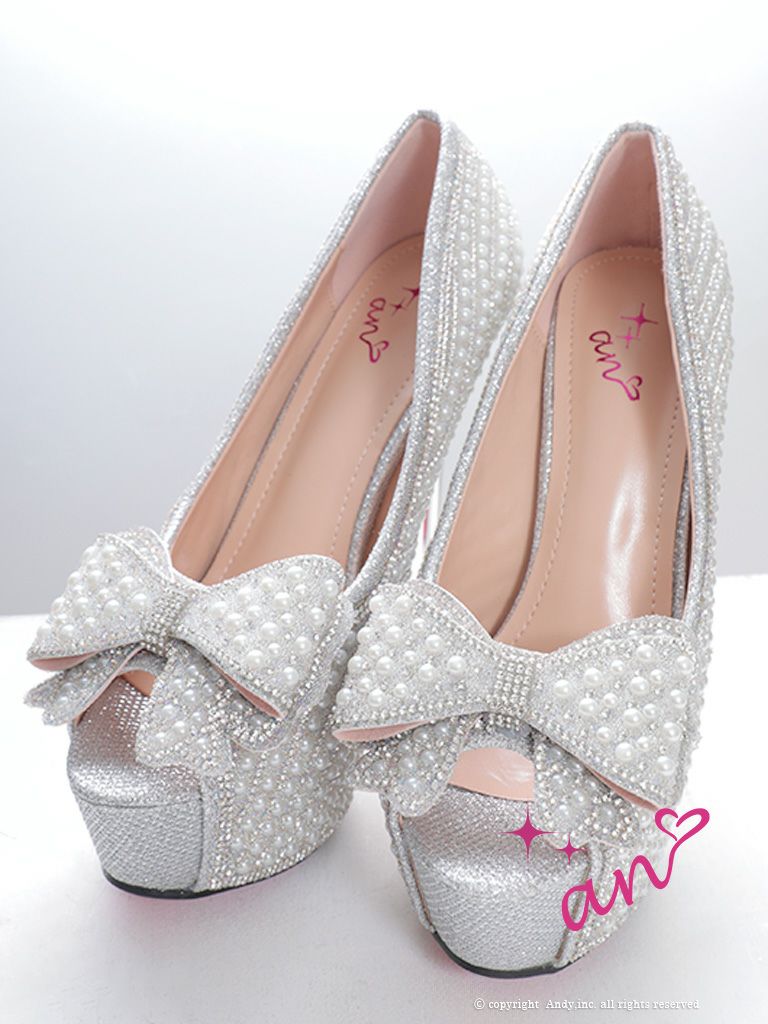 [an/アン] 高級ビッグリボンパールグリッターオープントゥビジューハイヒール