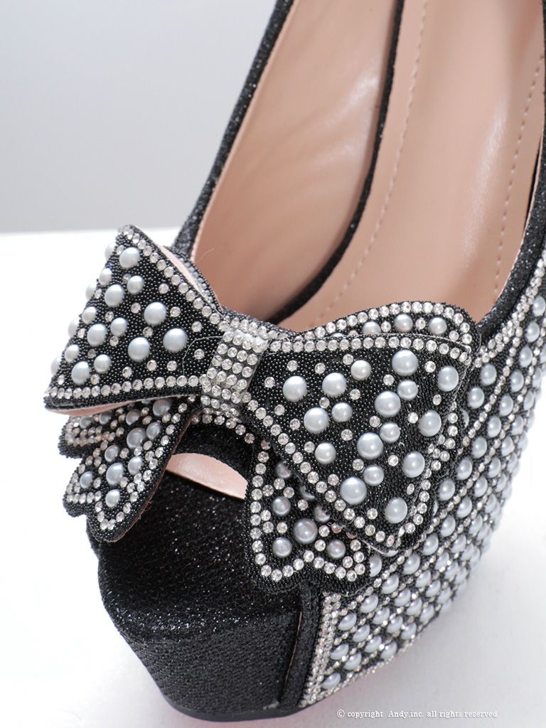 [an/アン] 高級ビッグリボンパールグリッターオープントゥビジューハイヒール