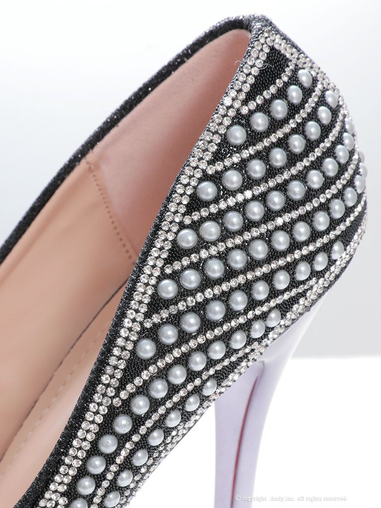 [an/アン] 高級ビッグリボンパールグリッターオープントゥビジューハイヒール