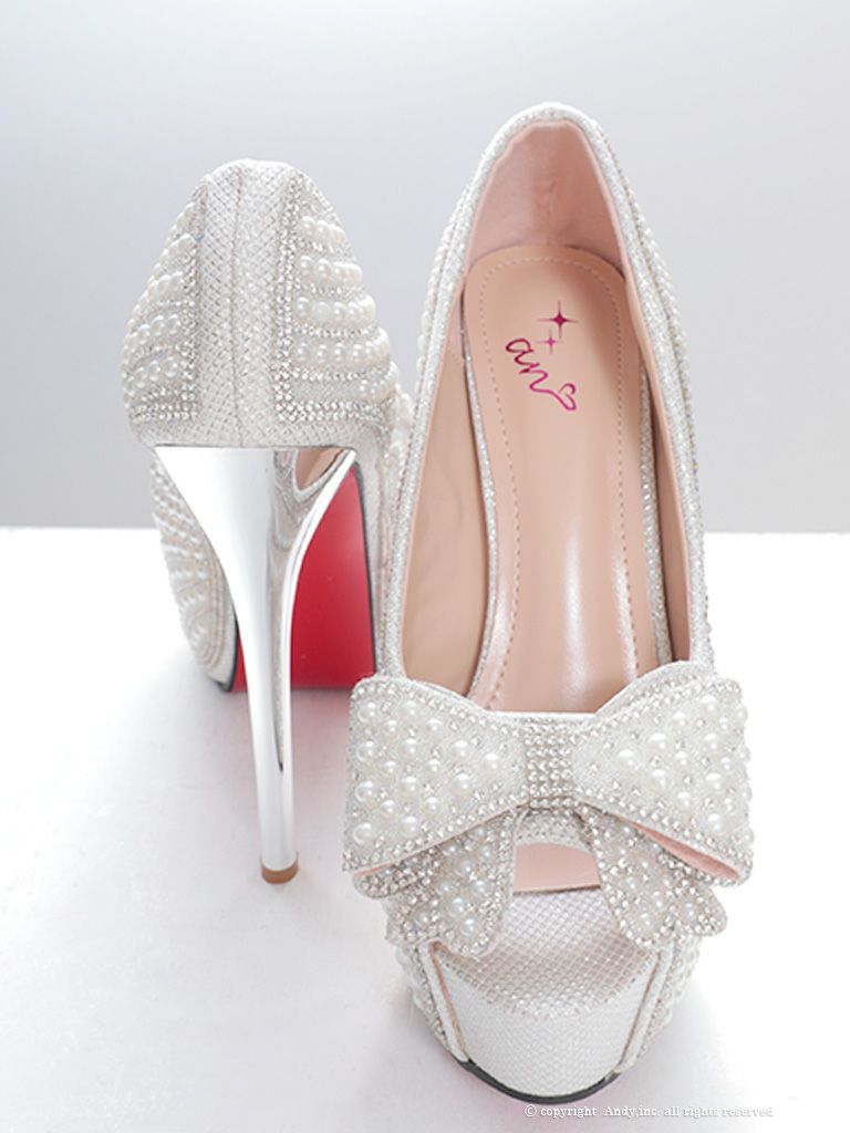 [an/アン] 高級ビッグリボンパールグリッターオープントゥビジューハイヒール