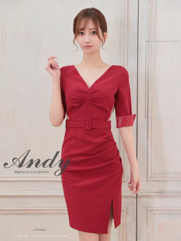  [Andy/アンディ] 高級五部袖ウエストベルトシンプルタイトミニドレス