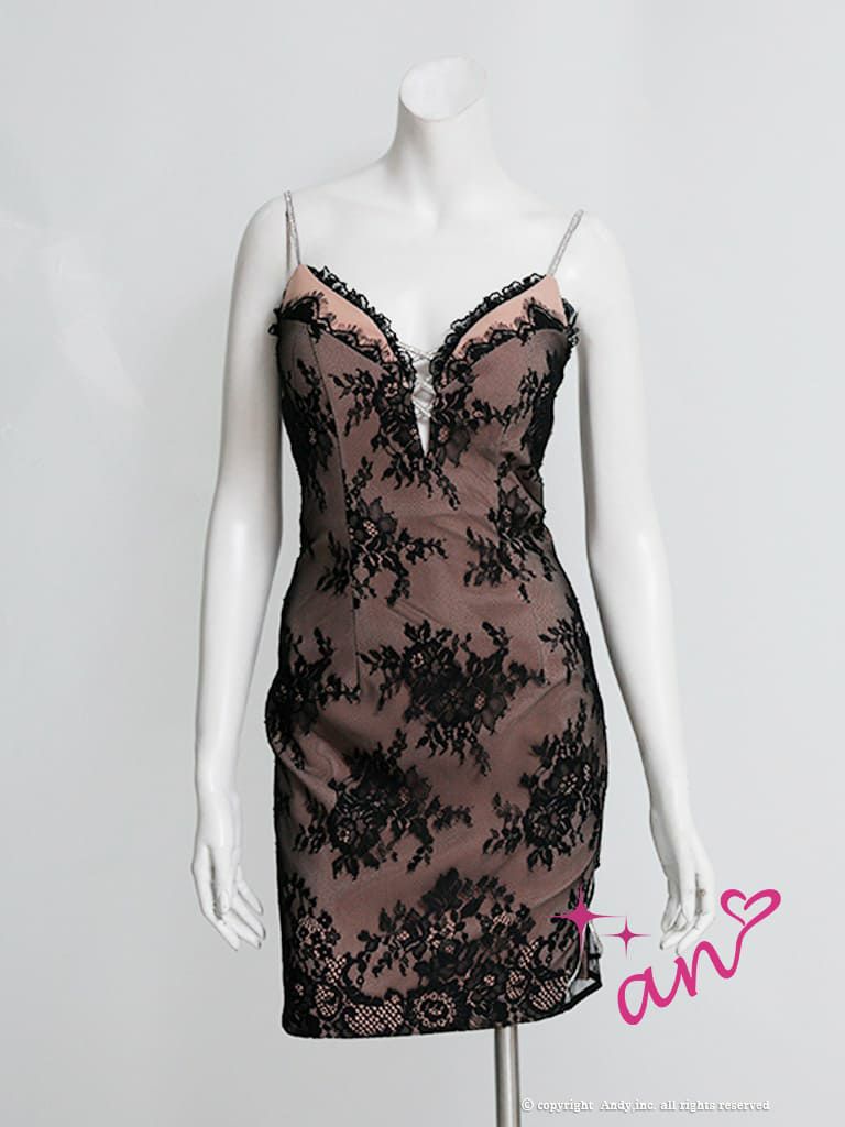 [an/アン] 高級キャミソールバストカット袖リボン刺繍レースタイトミニドレス