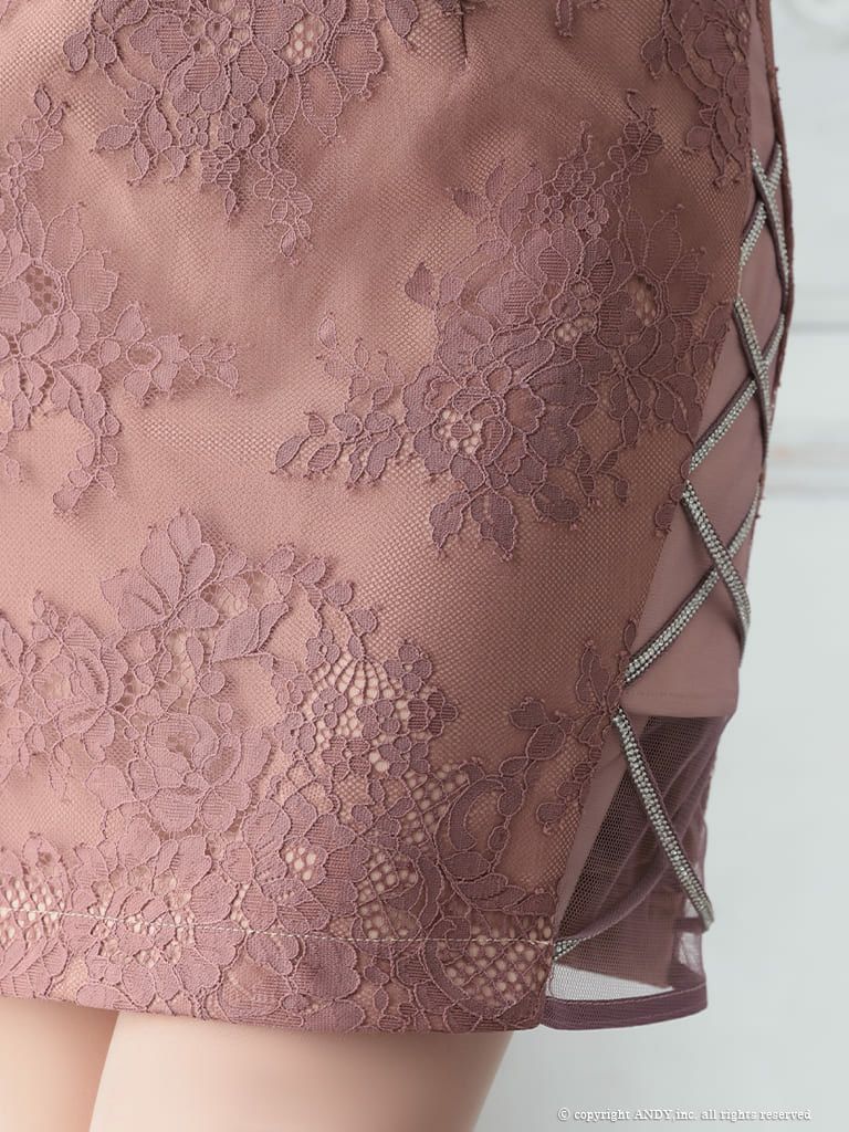 [an/アン] 高級キャミソールバストカット袖リボン刺繍レースタイトミニドレス