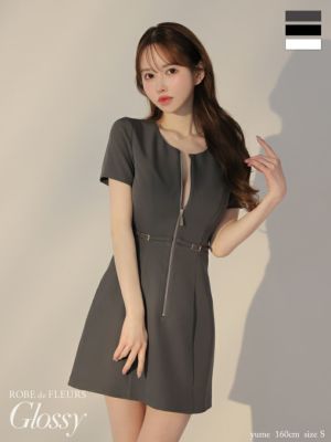 予約商品【8月下旬入荷予定】[ROBEdeFLEURSGlossy/ローブドフルールグロッシー] 高級ワンカラーバックフラワーレースフロントジップウエストベルト半袖フレアミニドレス