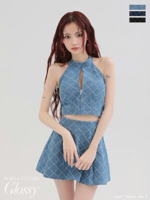[ROBEdeFLEURSGlossy/ローブドフルールグロッシー] 高級ジップホルターネックデニムセットアップフレアミニドレス