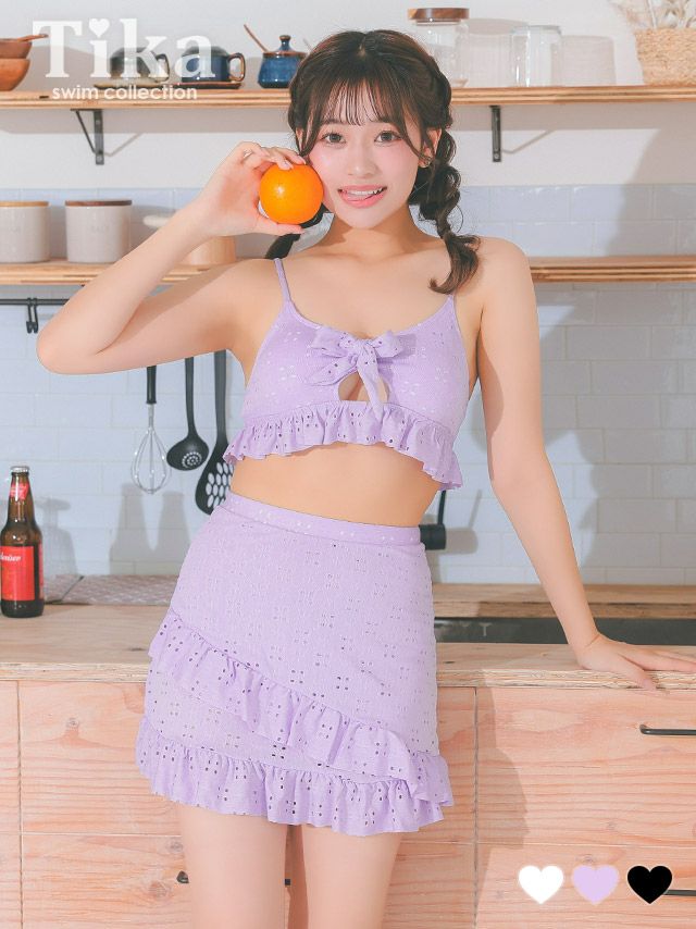 水着 タンキニ 大きいサイズ エンブロイダリー レース カットアウト リボン ビスチェ 体型カバー フリル ラップスカート 韓国風 ガーリー
