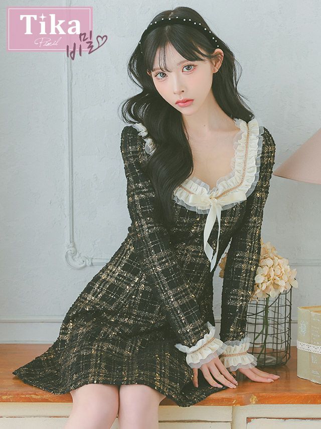 キャバドレス 韓国 ミニ丈 大きいサイズ フレア ツイード ワンピース チェック柄