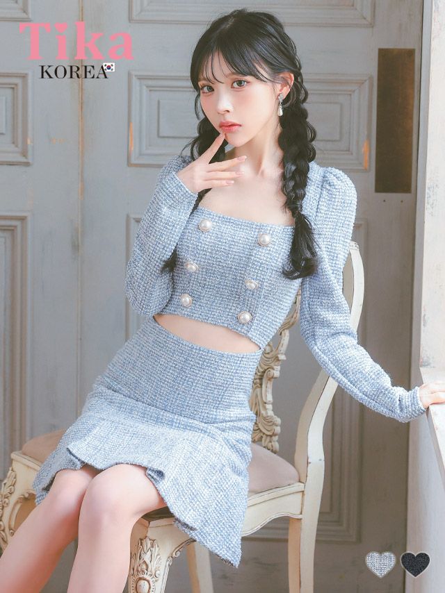 キャバドレス 韓国 大きいサイズ フレア ミニ丈 ツイード ワンピース 長袖 袖あり