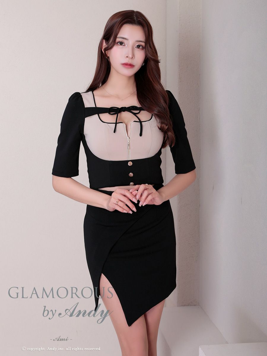 キャバドレス AndyGLAMOROUS アンディグラマラス 袖あり リボン ジップデザイン バイカラー スリット セットアップ タイトミニ キャバドレス