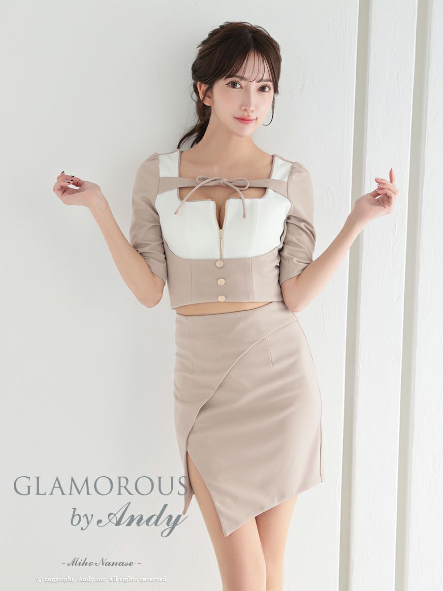 キャバドレス AndyGLAMOROUS アンディグラマラス 袖あり リボン ジップデザイン バイカラー スリット セットアップ タイトミニ キャバドレス