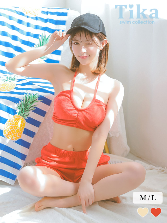 水着 タンキニ バンドゥ ホルターネック 体型カバー パイル ハイウエスト ショートパンツ 韓国