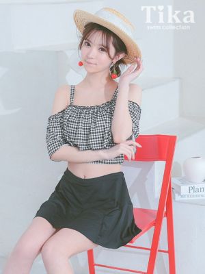 水着 ショルダーカット チェック フリル ビ...