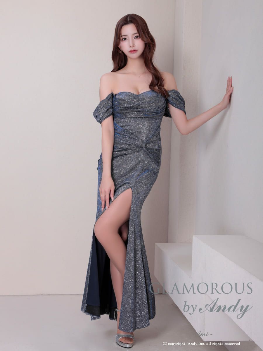 キャバドレス AndyGLAMOROUS アンディグラマラス　オフショルダー タック シンプル ラメ スリット Aライン ロングドレス